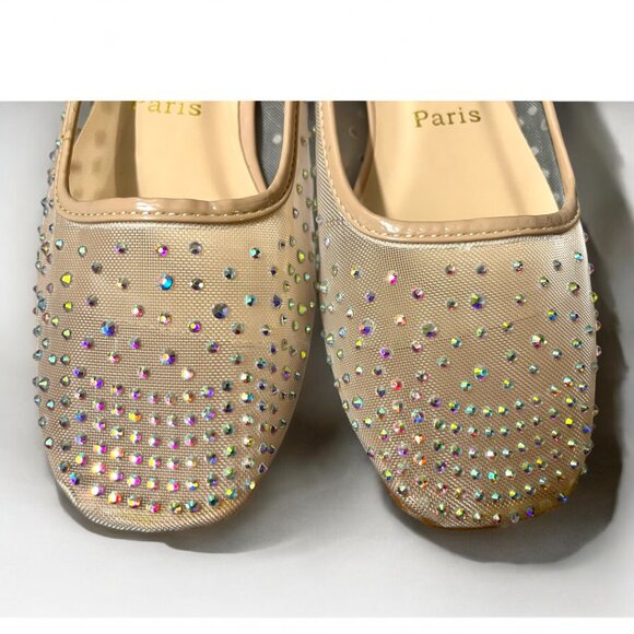 Beige Crystal Embellished Mesh Follis Strass Ballerina Flats - Picture 3 of 12